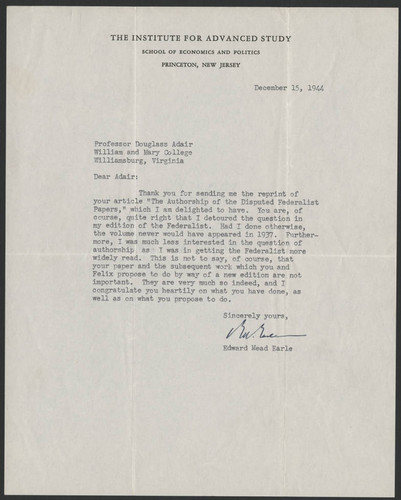 Edward Mead Earle letter to Professor Douglas Adair, 1944 December 15