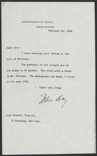 John Hay letter to Judd Stewart, Esquire, 1904 Febuary 12