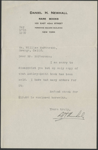 Daniel H. Newhall letter to Mr. William McPherson, 1929 May 17