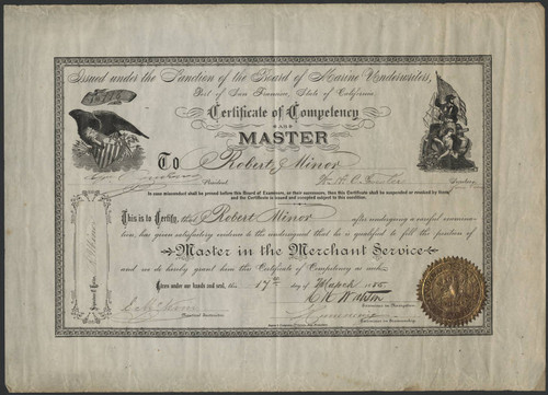 San Francisco Port Board of Marine Underwriters certificate to Robert Minor, 1885 March 17