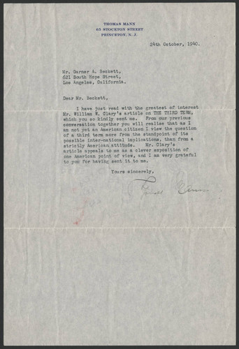 Thomas Mann correspondance to Garner A. Beckett, 1940 October 24