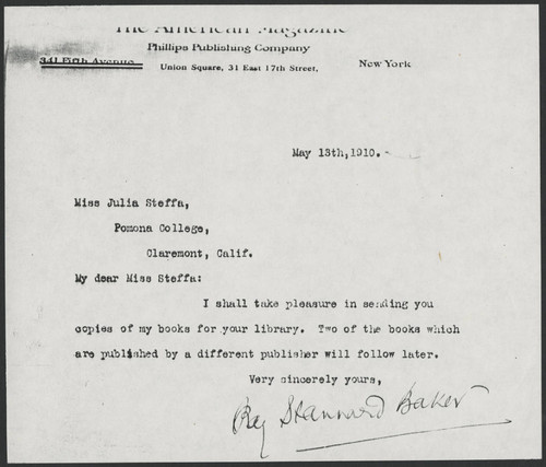 Ray Stannard Baker letter to Miss Julia Steffa and Pomona College, 1910 May 13