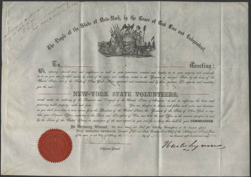 Commission to John H. Van Wyck, First Lieutenant in the 162nd Regiment of New York Volunteers, 1863 August 10