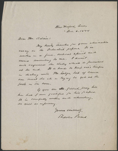 Charles Austin Beard correspondance to Douglas Adair, 1944 December 6