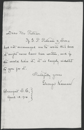 George Kennan letter to Mr. Putnam, 1910 April 18