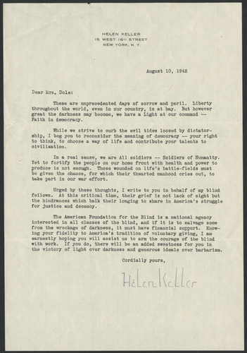 Helen Keller correspondance to Mrs. Dole, 1942 August 10