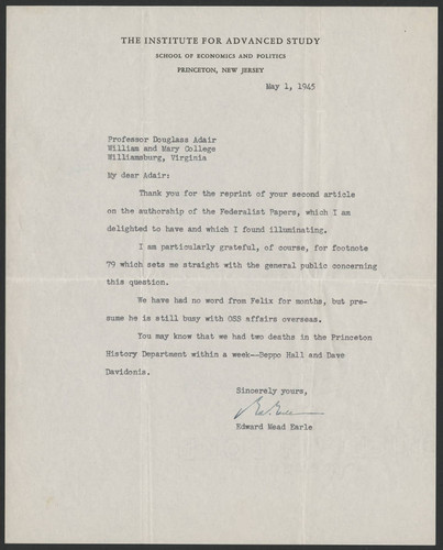 Edward Mead Earle letter to Professor Douglass Adair from William and Mary College, 1945 May 1