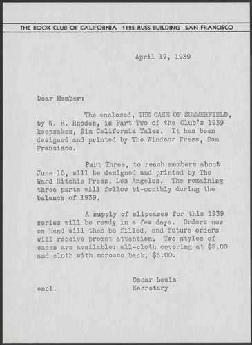 Oscar Lewis letter to Book Club of California Member, 1939 April 17