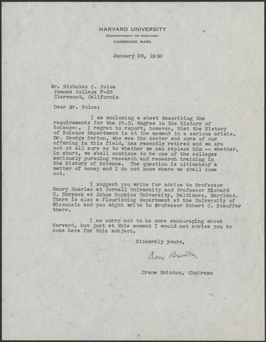 Clarence Crane Briton letter to Nicholas C. Polos, 1950 Janurary 26