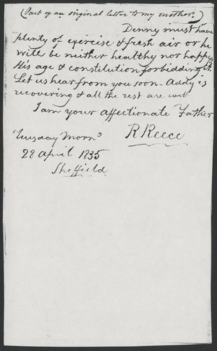 R. Reece letter to the mother of Denny Urlin, 1835