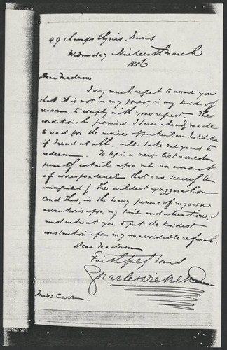 Charles Dickens letter to Miss Carr, 1856 March 19