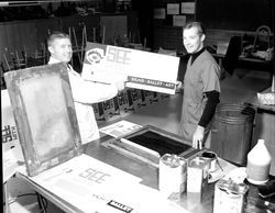 Frank Marshall and Patrick Gallagher printing posters for Artrium film series, Santa Rosa, California, November 21, 1966