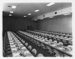 Tables set for a banquet at Petaluma Veterans Memorial Building, Petaluma, California, 1970