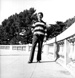 Mattei Brothers men's and women's fashions modeled outdoors at the Palace of the Legion of Honor in San Francisco, California