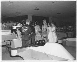 Miss Sonoma County and Miss America bowling at the Rose Bowl, Santa Rosa, California, 1959