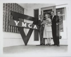 Three people at YMCA building, Santa Rosa, California, 1964