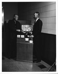 Safe deposit box display at Exchange Bank, Cotati, California, 1961