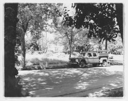 Utility workers' truck at the intersection of Mendocino Avenue and Benton Street, Santa Rosa, California, 1964