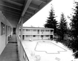 View of patio and swimming pool at Redwood Garden Apartments, Santa Rosa, California, 1962