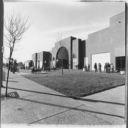 Crowds gathering outside Santa Rosa Plaza on opening day, Santa Rosa, California, 1982