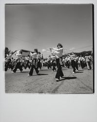 Wells Intermediate Roadrunner band of Dublin, California in a Guerneville parade, Guerneville, California, 1978