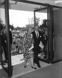 Edna Frances Hanna and Assemblyman Frank P. Belotti entering North Bay Cooperative Library System after dedication, September 9, 1967, Santa Rosa, California
