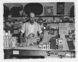 Pet shop with a display of Slivers dog food, Santa Rosa, California, 1964