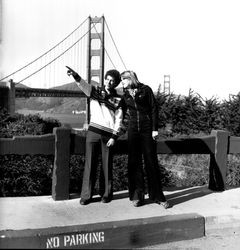 Mattei Brothers men's and women's fashions modeled near the Golden Gate Bridge