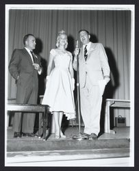 Chonne Patton and two men at a microphone, Santa Rosa , California, 1959