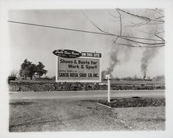 Sign advertising new site of Santa Rosa Shoe Co., Inc. on Coffey Lane, Santa Rosa, California, 1959