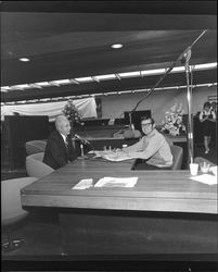 Shamus O'Grady interviewing John P. Long at grand opening of Bank of Sonoma County, Santa Rosa, California, March 19, 1973