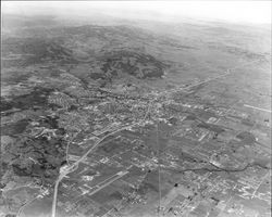 Aerial view of Santa Rosa, California, from north to south showing future location of Coddingtown, April 15, 1962