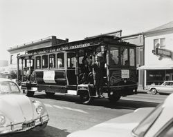 California St. Cable Car of San Francisco travels north on North Main Street, Sebastopol, California, October 1967