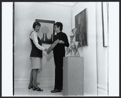 Florence Dixon and Peg Sibley at an unidentified art gallery, Santa Rosa, California, 1970