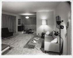 Living rooms of Saint Francis Acres model homes, Santa Rosa, California, 1958