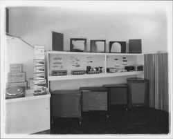 Display of audio equipment for sale at Dom's TV, Santa Rosa, California, 1958