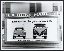 Veale Volkswagen sign on the wall of La Rose Market, Santa Rosa , California, 1964