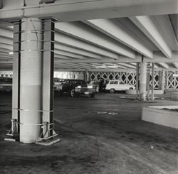 Views of wooden timber and steel beam reinforcements inside the B Street parking garage, Santa Rosa, California, November 26, 1968