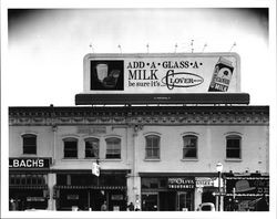 Clover Milk sign on top of Union Hall, Santa Rosa, California, 1963