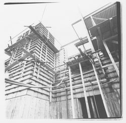 Concrete forms and concrete pumping hoses for the walls of the new Exchange Bank building, 545 Fourth Street, Santa Rosa, California, 1971