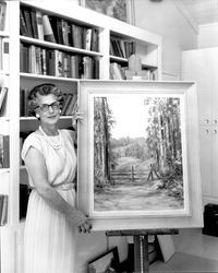 Kay Kettle with some of her paintings, Santa Rosa, California, 1963