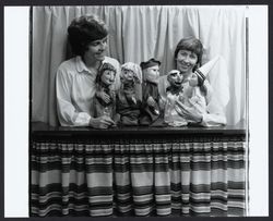Jan Van Schuyver and Molly McDermott with puppets, Santa Rosa, California, 1978