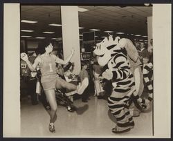 Eeyore and Tigger at Sears opening day celebration dancing with a girl in shorts, Santa Rosa, California, 1980