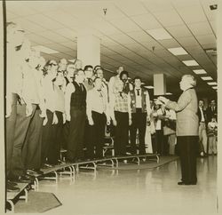 Redwood Chordsmen chorus performing at Sears opening day celebration, Santa Rosa, California, 1980