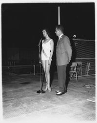 Elaine Rasmussen, California Dairy Queen, in the Aqua Varieties fashion show at the Swim Center, Santa Rosa, California, 1959