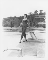 Coordinated leisure pants and sleeveless blouse modeled at the Sword of Hope fashion show at the Flamingo Hotel, Santa Rosa, California, June 18, 1960