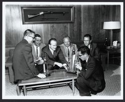 Exchange Bank bowling team with their trophies, Santa Rosa, California, 1961