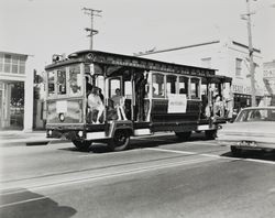 California St. Cable Car of San Francisco travels south through the intersection of Main Street and Bodega Avenue, Sebastopol, California, October 1967