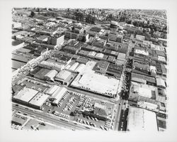 Aerial view of downtown Santa Rosa, California between B Street and Mendocino Avenue south of Fourth Street, 1963