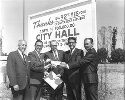 Santa Rosa City Council members accepting check from Harlan W. Ballard for construction of new city hall, Santa Rosa, California, September 7, 1967